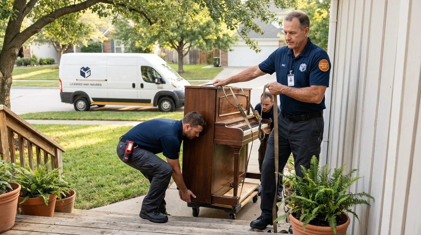 Licensed piano movers securing grand piano in Plankinton, SD
